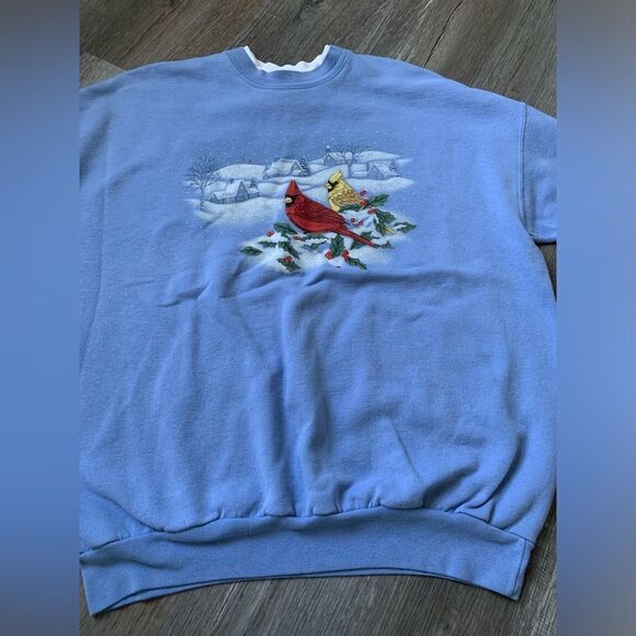 VTG Morning Sun Cardinal Snow Winter Sweatshirt Pullover Blue White Size L XL - Picture 3 of 9
